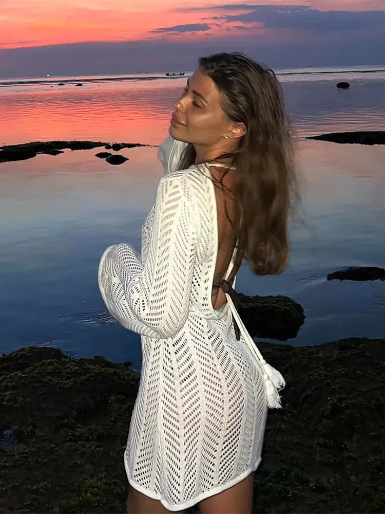 Women’s 2026 Knit Backless Tassel Cover‑Up – Lace‑Up Cut‑Out Bell Sleeve Mini Dress K110