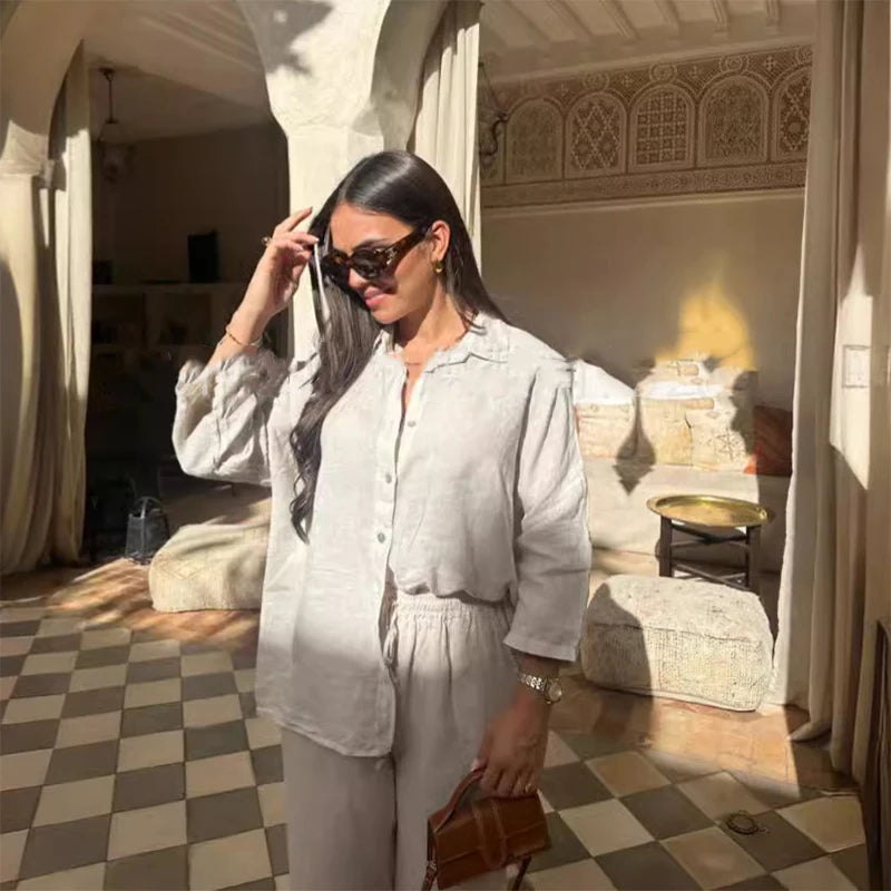 Casual Women Trousers Sets Lapel Single Breasted Long Sleeve Loose Top Wide Leg Pant Set 2025 Summer Cotton Linen Lady Suits