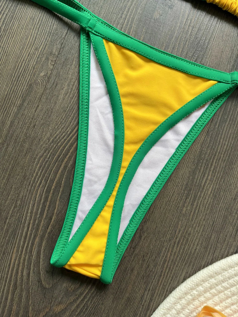 2026 Sexy Embroidery Brasil Flag Contrast Split Bikini Set Women Swimwear Patchwork Swimsuit Hottie Outfit SummerBeachwear