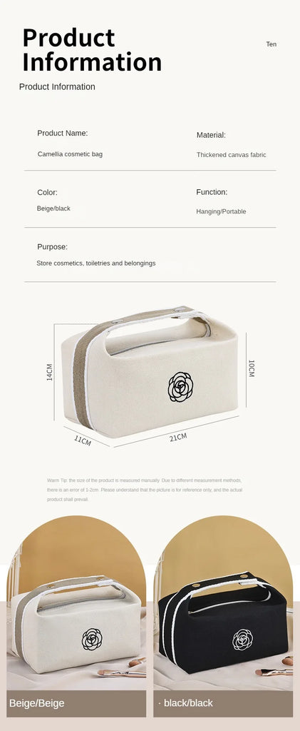 Premium Handheld Camellia Canvas Makeup Bag – Large‑Capacity Travel Toiletry & Skincare Organizer