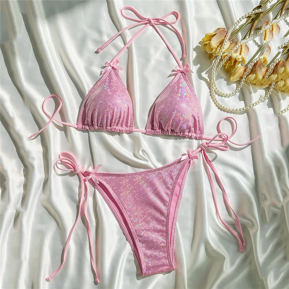 Women’s Pink Shiny String Halter Micro Bikini