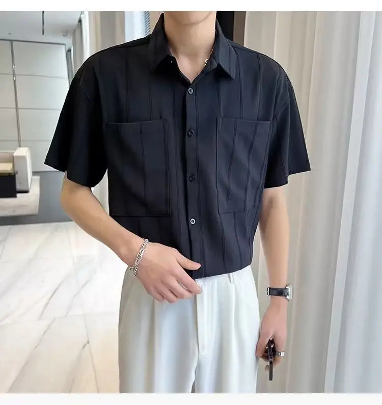 Premium Stripe Jacquard Short‑Sleeve Shirt