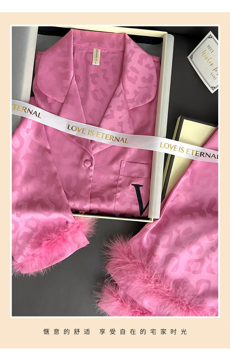 Female 2PCS Pajamas Set Spring Autumn Feathers Long Sleeve Trouser Suits Sleepwear Fashion Sexy Rayon Hot Pink Leopard Homewear