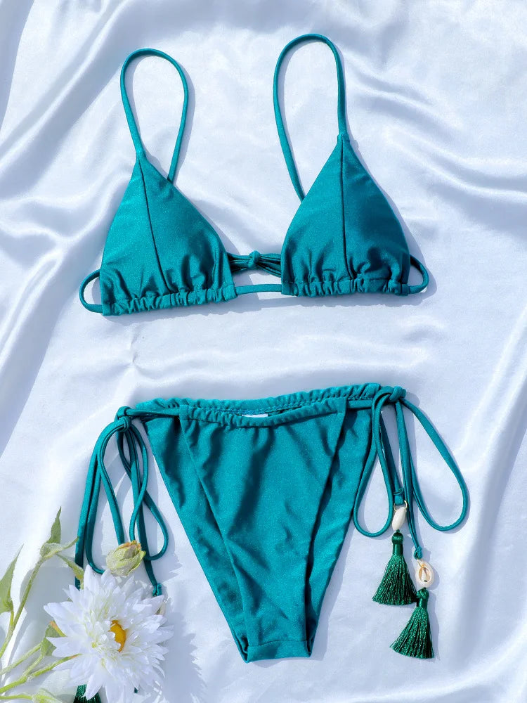 Women’s Zrtak Tie‑Waist Push‑Up Bikini – Solid High‑Cut Thong Swimsuit Set 2026