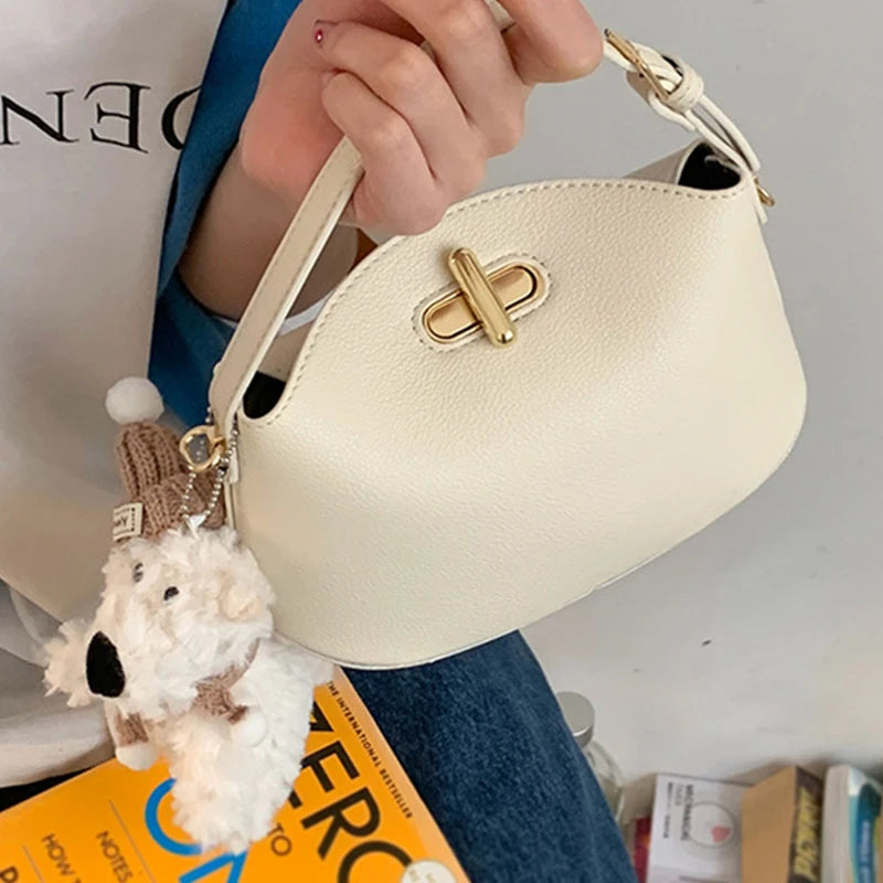 Litchi Leather Gold Button Handbag Brand Niche Fashion Simple Bucket Bag Korea Soft Pink Versatile Luxury Shoulder Bag For Women