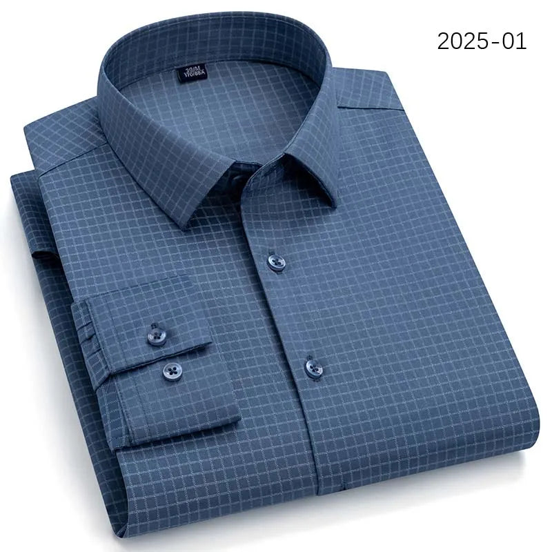 Men Long Sleeve Shirts Fashion Print Plaid Wrinkle Resistant Non Ironing Stripe Man Clothing Casual Smart Business Dress Shirts
