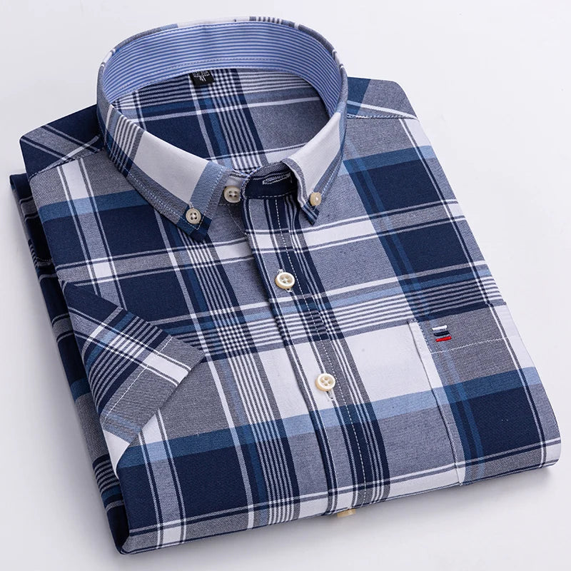 Men’s 100% Cotton Oxford Short‑Sleeve Shirt – Breathable Summer Plaid/Striped Business Casual (Regular/Oversized Fit)
