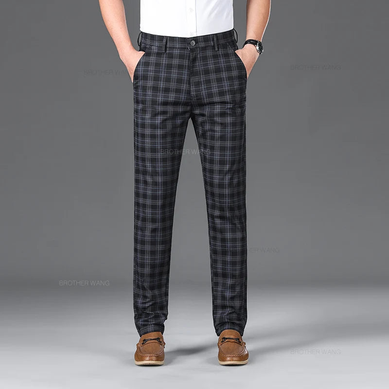 Slim‑Fit Plaid Cotton Pants