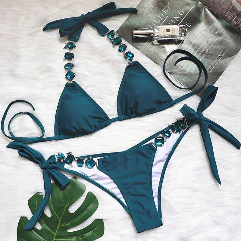 Women’s 2026 Rhinestone Diamond Bikini – Halter Chain Two‑Piece Swimsuit, Sexy Shiny Brazilian Swimwear