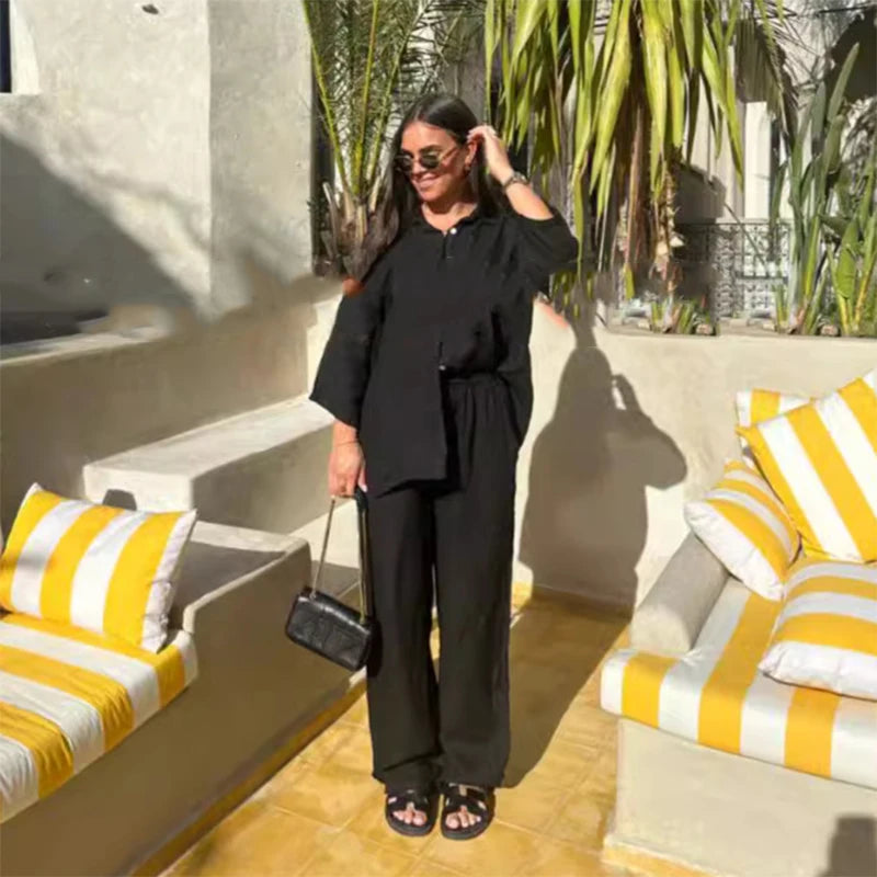Casual Women Trousers Sets Lapel Single Breasted Long Sleeve Loose Top Wide Leg Pant Set 2025 Summer Cotton Linen Lady Suits