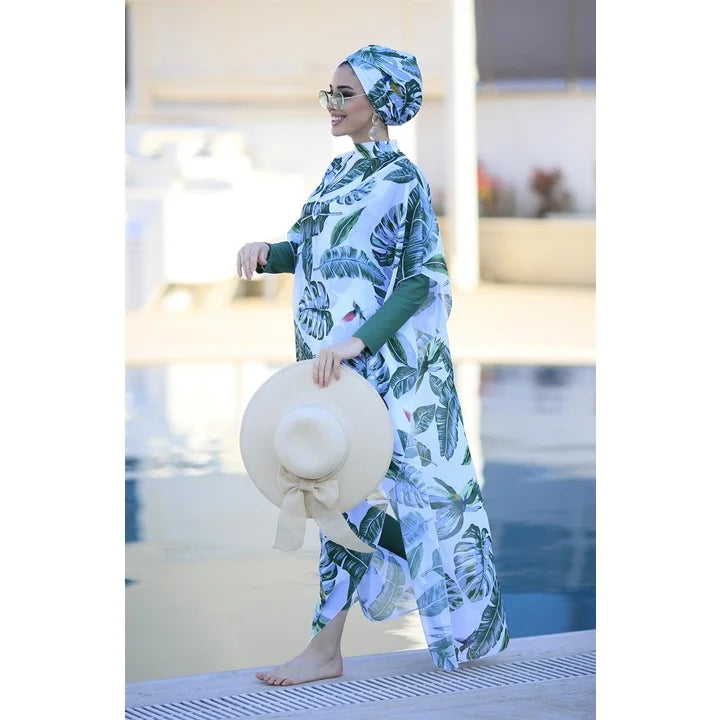 Women’s 4‑Piece Islamic Burkini Set – Long Sleeve Modest Swimwear with Hijab, Digital Print Sports Bathing Suit (4XL)