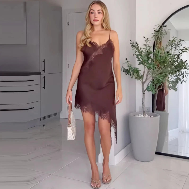Women’s Lace Asymmetric Slip Dress – Sexy Backless Mini Dress | HXAO Summer 2025 Vestidos