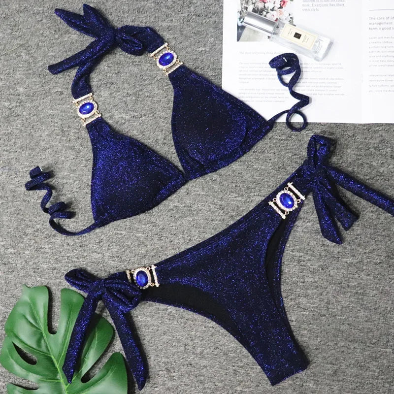 Women’s 2026 Rhinestone Diamond Bikini – Halter Chain Two‑Piece Swimsuit, Sexy Shiny Brazilian Swimwear