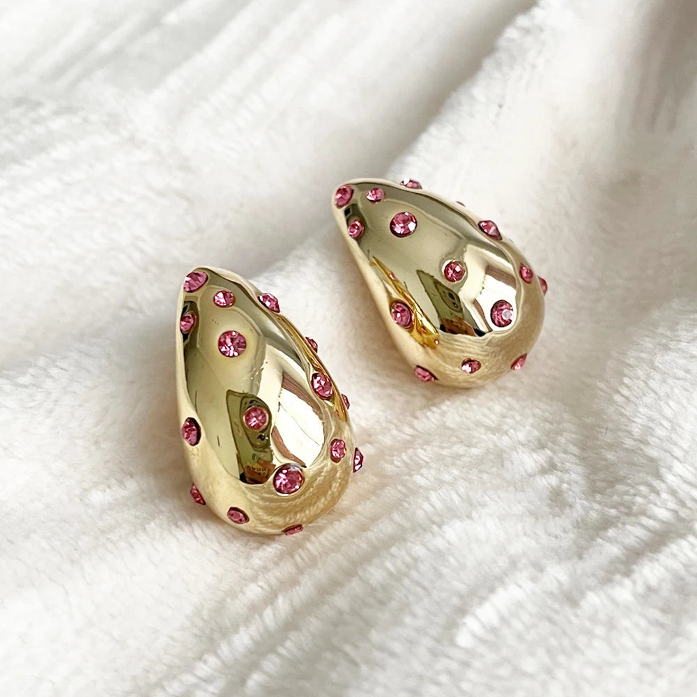 Waterproof 18K PVD Gold Teardrop Stud Earrings — Stainless Steel Inlay Bead Elegant Drop Earrings for Women