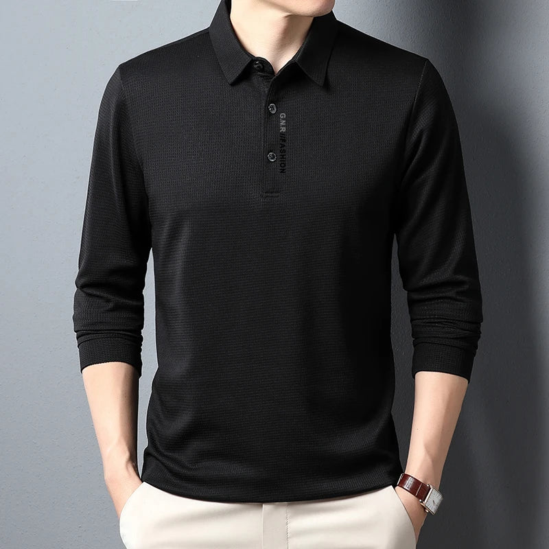 Waffle Knit Long‑Sleeve Polo Shirt