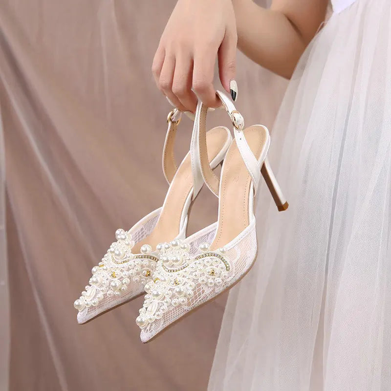 2025 White Wedding Shoes Bridesmaid Shoes Women's Lace Shoes Fashion High Heels Pearl Pumps