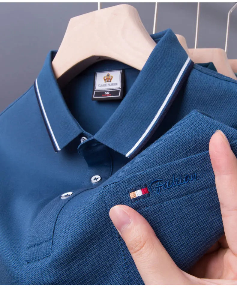 Top Grade Summer Short Sleeve Korean New Fashion Cotton Soft Pure Color Lapel Slim Fit Casual Tops Men's pocket Polo Shirts