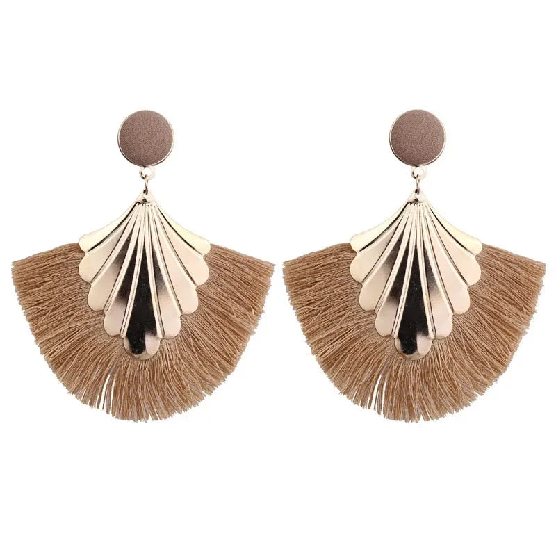 FSUNION 2025 New Bohemia Fan Shaped Tassel Earrings For Women Exaggerated Big Statement Fringed  Vintage Dangle