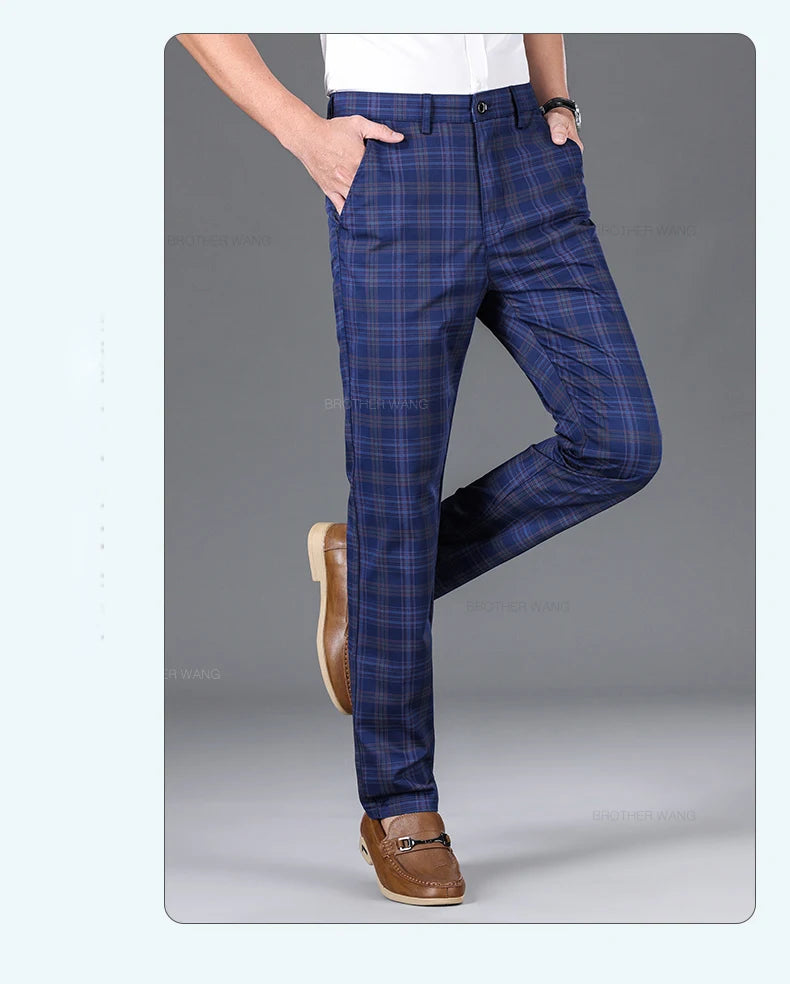 Slim‑Fit Plaid Cotton Pants