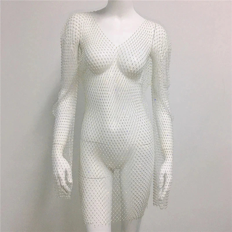 Vintage Diamond Rhinestone Summer Women Sexy Bikini Cover Up Mesh Fishnet Swimsuit Swimwear Dress Bathing Beachwear Dropshipping
