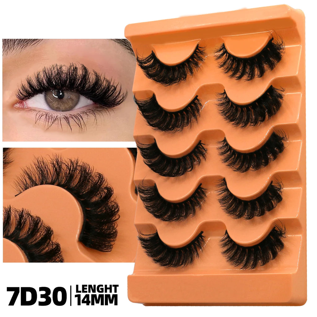 GROINNEYA Fluffy Lashes 5 Pairs D Curl 3D Mink False Eyelashes Thick Volume Russian Strip Lashes Mink Lashes Faux Natural Fake L