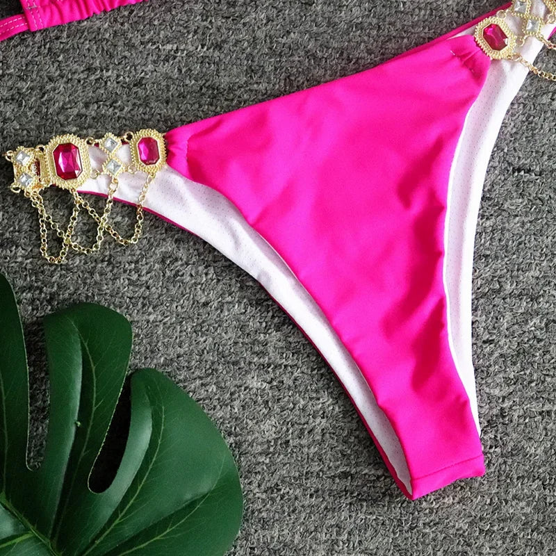 Women’s 2026 Rhinestone Diamond Bikini – Halter Chain Two‑Piece Swimsuit, Sexy Shiny Brazilian Swimwear