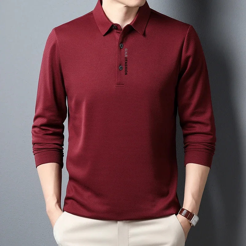 Waffle Knit Long‑Sleeve Polo Shirt
