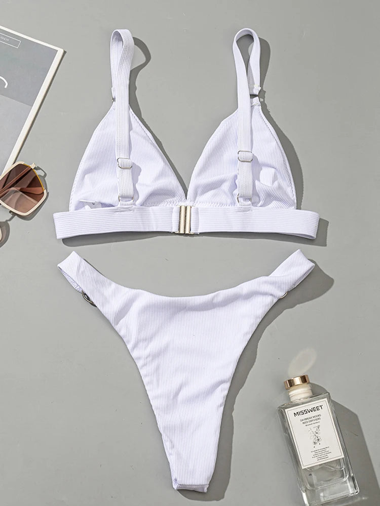 Sexy high leg cut ribbed bikini women Metal ring swimwear female swimsuit solid color bikini set padded beachwear bathing suit