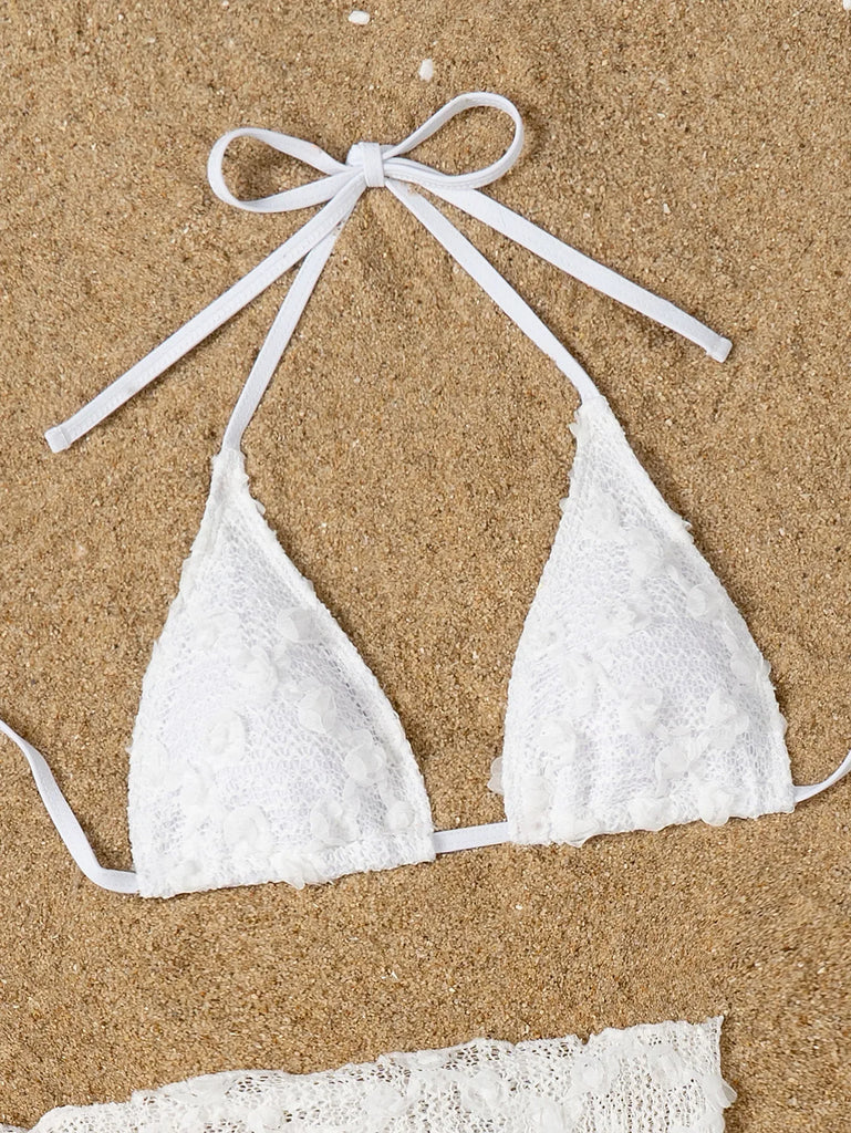 Women’s 2025 White Lace 3‑Piece Bikini – Bandage Push‑Up Thong Swimsuit with Maxi Cover‑Up Skirt