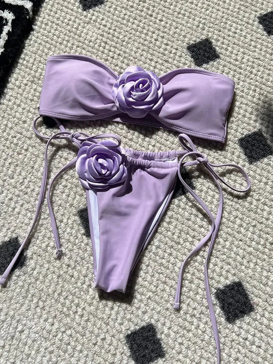 OIINAA Swimsuit Women Sexy Soild Color Bikini Set 3D Floral Swimwear Split Strapless Two-Piece Biquini Lace Up Bathing Suit 2024