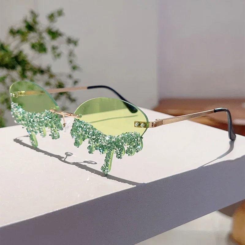KAMMPT Rimless Tear Shaped Sunglasses with Rhinestones Women Fashion Decorative Shades Trendy Stylish Design Rave Sun Glasses