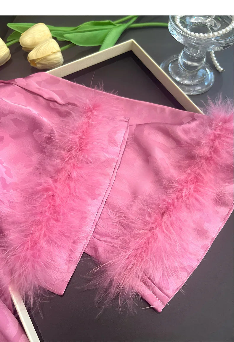 Female 2PCS Pajamas Set Spring Autumn Feathers Long Sleeve Trouser Suits Sleepwear Fashion Sexy Rayon Hot Pink Leopard Homewear