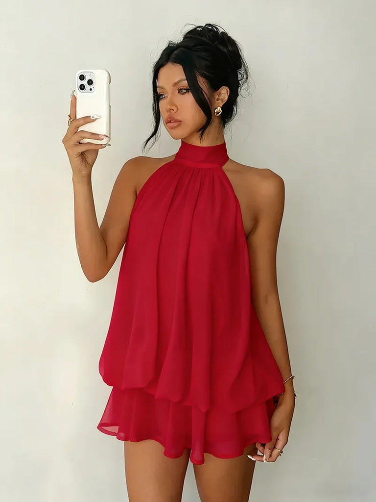 Women’s Backless Halter Neck Dress – Tie‑Front Chiffon Sheer Mini Skirt, Sexy Y2K Vintage Party Dress