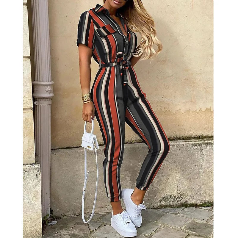 Women's Monochrome Jumpsuit 2024 Spring/Summer Comfortable Casual Flip Collar Printed Belt Work Dress Women's Jumpsuit