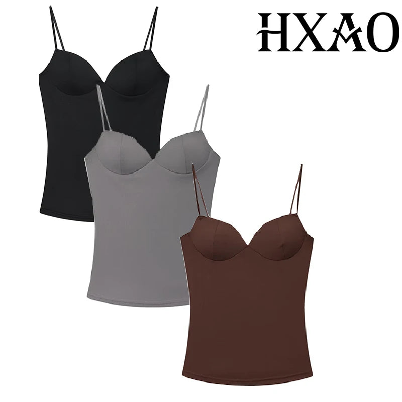 HXAO Women’s Corset Crop Top — Sleeveless Bodycon Bustier Camisole with Straps (Black/Brown)