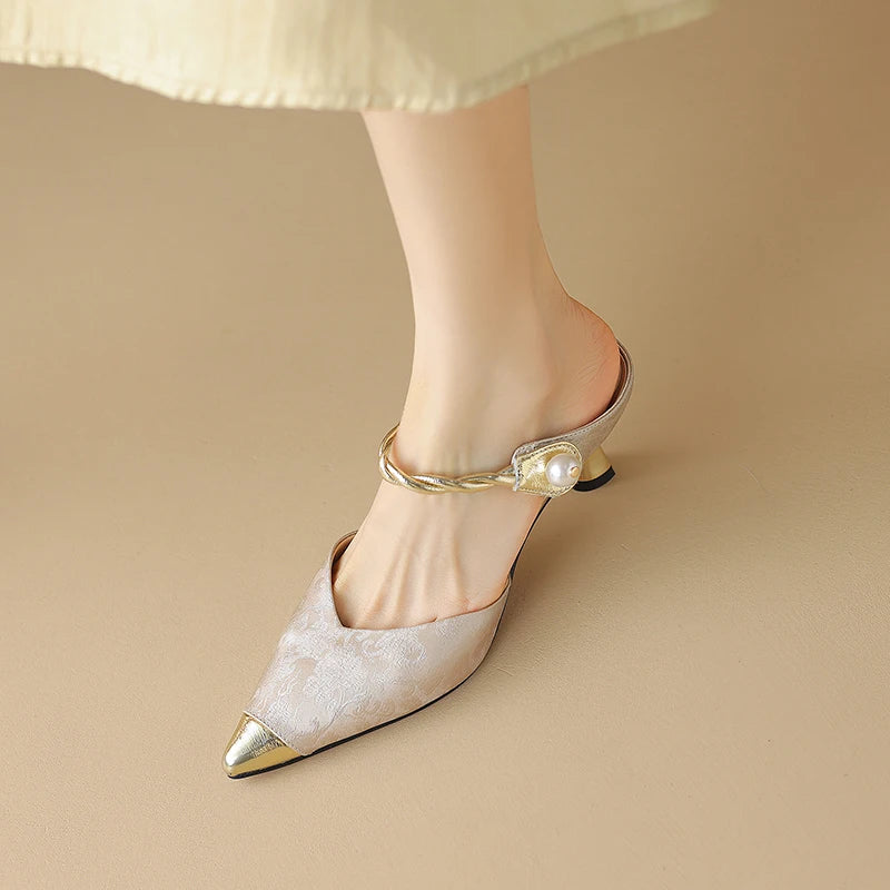 Pointed Toe Pearl Slingback Sandals