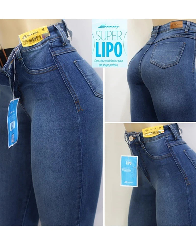 Women Jeans High Waist With Super Lipo Spandex Tummy Squeeze Slimming Waist Tight Denim Pants With Zipped