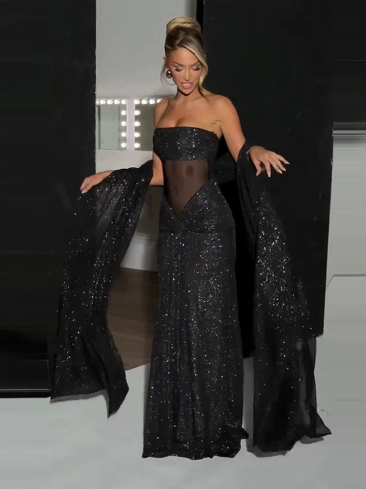 Sexy Ribbon Sparkle Strapless Draped Maxi Dress Women Sleeveless Backless Bodycon Long Dresses 2025 New Lady Club Party Robes