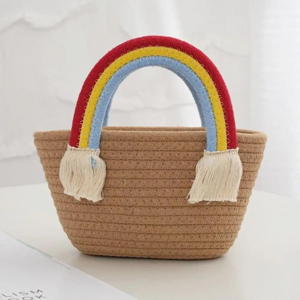 Rainbow Cotton Rope Woven Bag Handbag Girls Handmade Desktop Storage Basket Cosmetic Organizert Box Picnic Basket