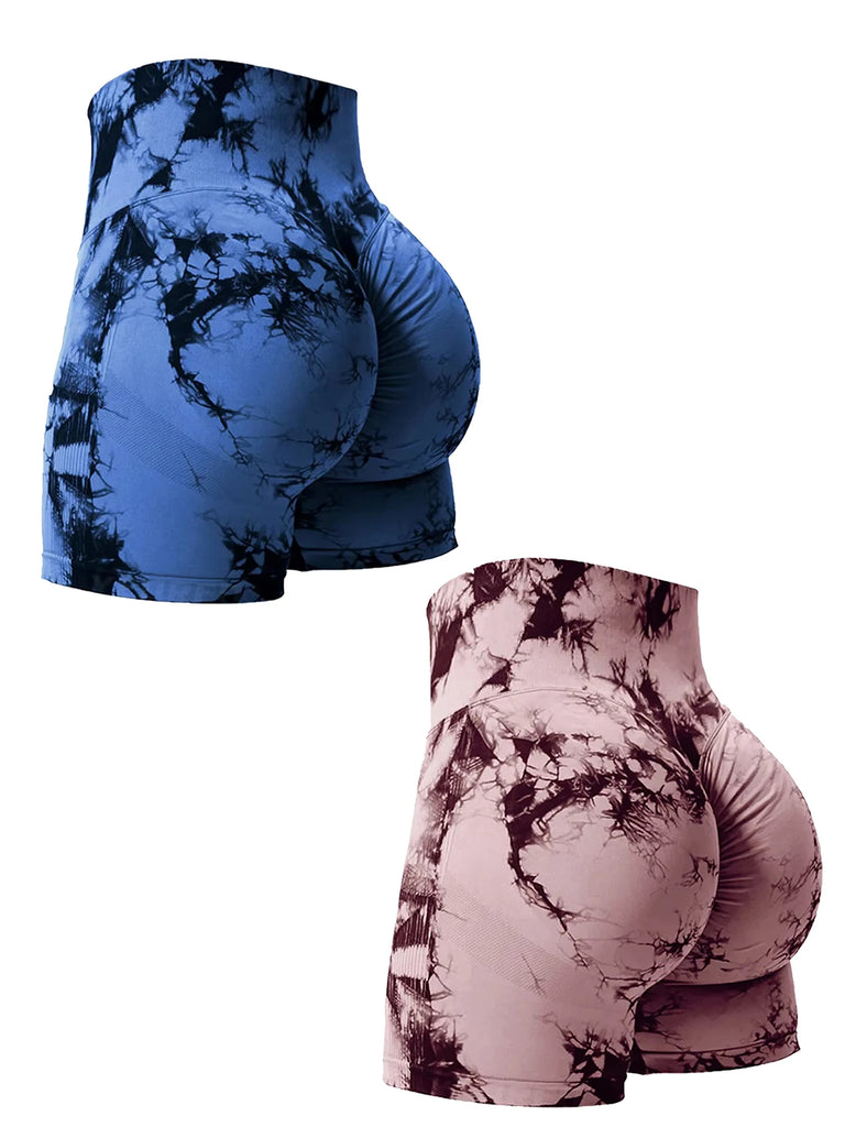 Women’s Tie‑Dye High‑Waist Seamless Gym Shorts – 2PCS Stretch Fitness Shorts, Butt‑Enhancing, Skinny Sport Style