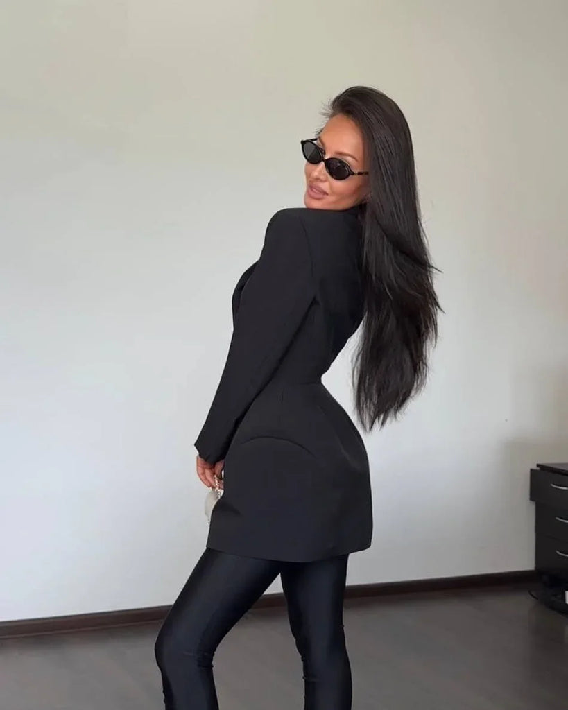 Women Waist Cinching Suit Jacket Elegant V-neck Full Sleeve Single Button Shoulder Pad Slim Coat Fashion Lady Commute Outerwear
