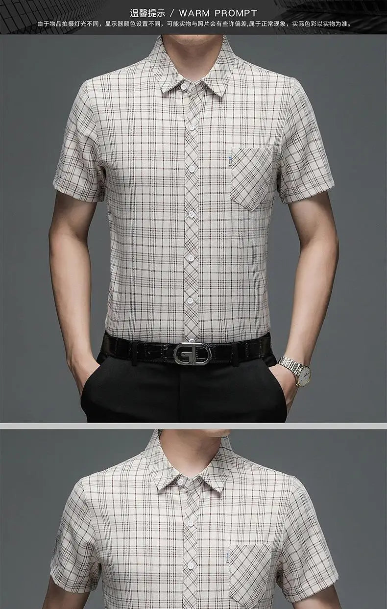 Grey Plaid Short‑Sleeve Button‑Down Shirt