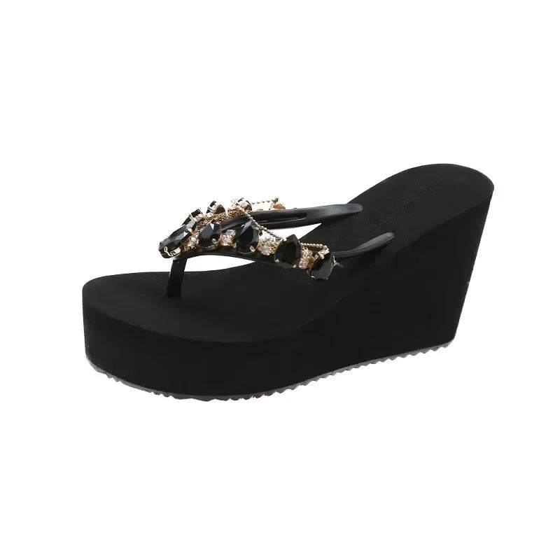 Women’s High Heeled Flip Flops — Diamond Slope Heel Slippers Elegant Beach Sandals