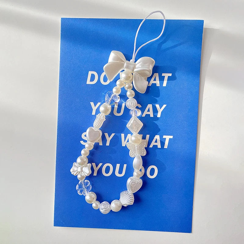 Korean Cute Sweet Butterfly Heart Bow Beaded Phone Chain Charm Lanyard For iPhone Samsung Universal Accessories Jewelry Pendant
