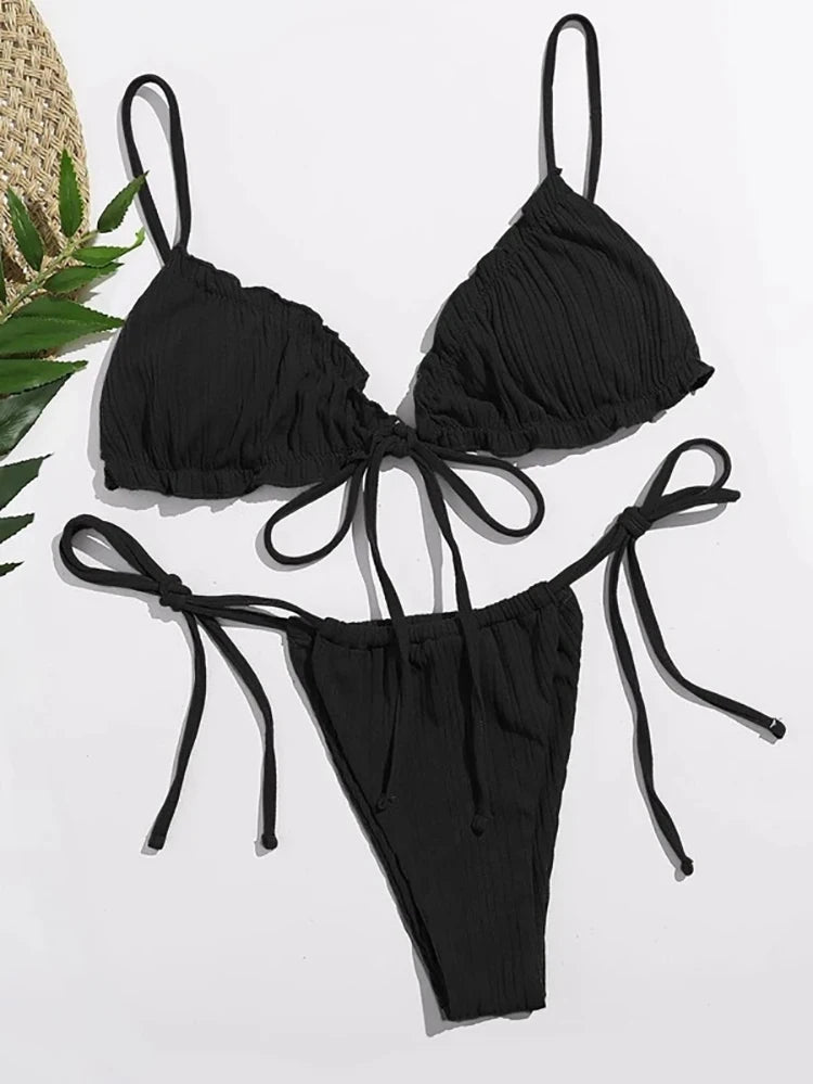 New 2025 Sexy Swimsuit Pit stripe Bikini Women Swimwear  Bathing Suits Push Up Biquinis Bandage Beachwear Solid Bikini Sets