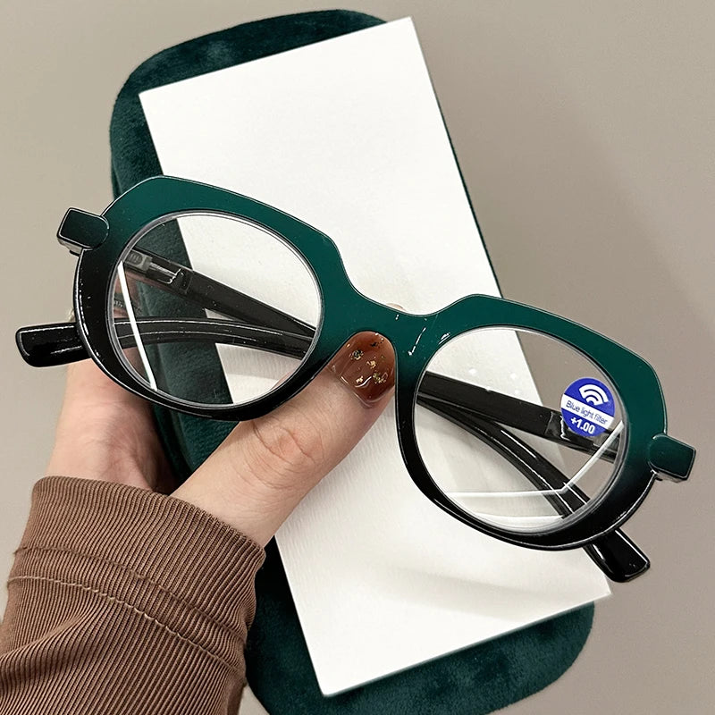 Retro Large Oval Reading Glasses Spring Leg PC Frame Presbyopia Glasses for Elderly Blocking Blue Light Presbyopia Eyeglasses
