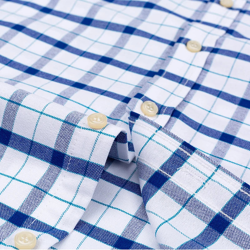 Men’s 100% Cotton Oxford Short‑Sleeve Shirt – Breathable Summer Plaid/Striped Business Casual (Regular/Oversized Fit)