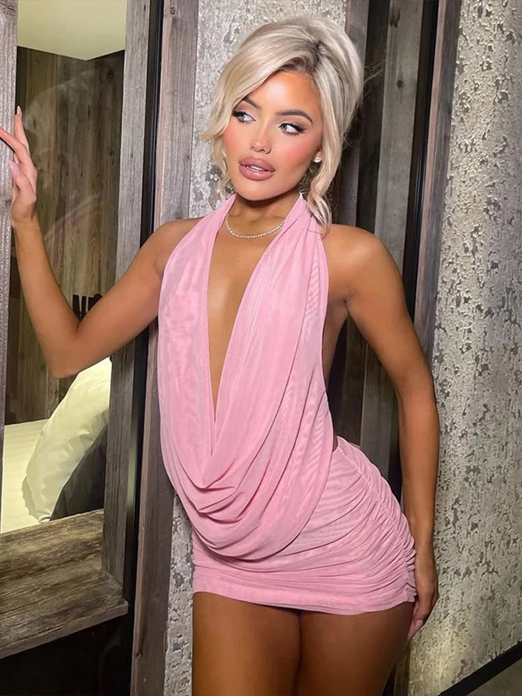 Women’s Mesh Pleated 2‑Piece Set – Halter Backless Top + Shirred Mini Skirt | Summer Chic Co‑ord Outfit