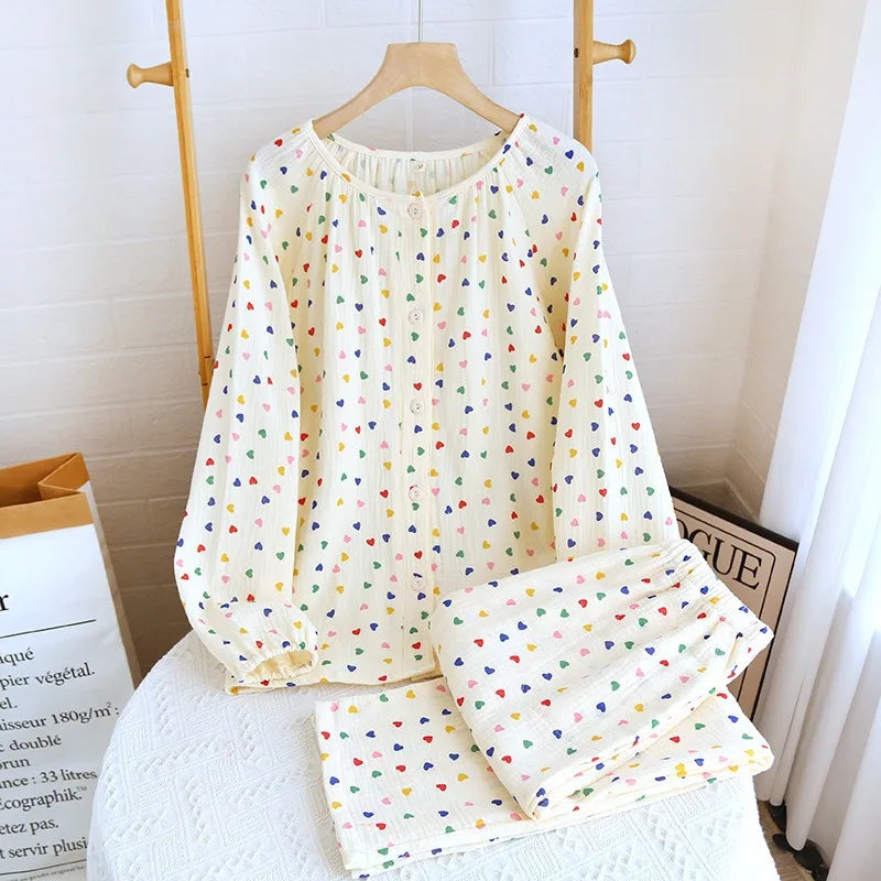 2024 Japanese Spring/Summer New Women's Pajama Set 100% Cotton Crepe Long Sleeve Colorful Hearts Thin Home Cute Pajamas Ladies