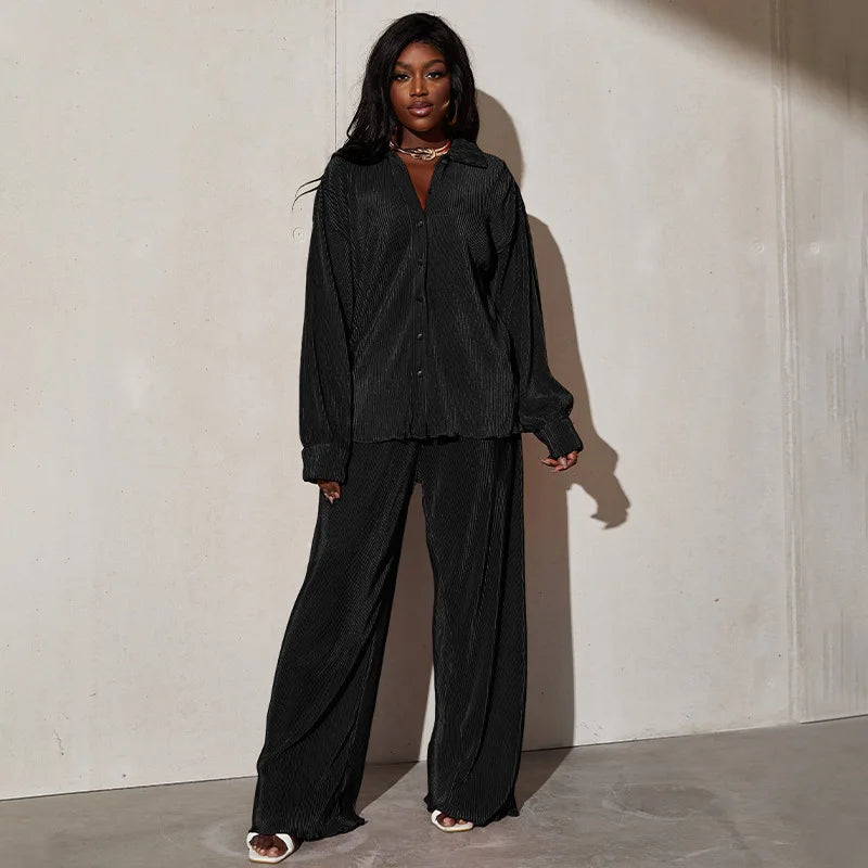 CM.YAYA Street Women's Set Long Sleeve Shirt Tops and Wide Leg Pants Elegant Tracksuit Two Piece Set Sweatsuit Fitness Outfits